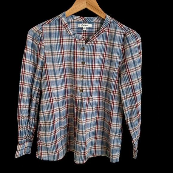 Madewell size XS Leysfield Plaid Popover Blouse Shirt Blue Linen Blend Fall - Picture 3 of 6